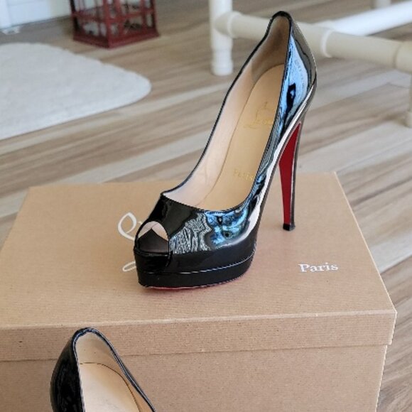 Christian Louboutin 150 Lady Peep Black Patent Leather Shoe Eur.35 - Picture 2 of 16